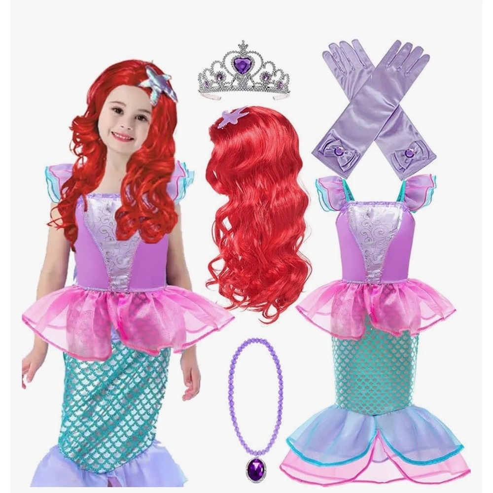 NEW Little Mermaid Ariel Size 5‎ Complete Costume with Wig & Jewelry Halloween